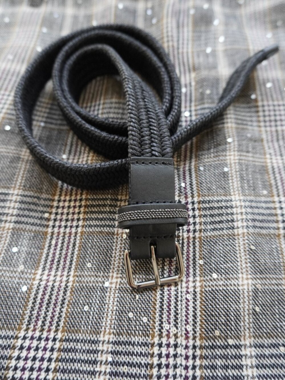 Brunello Cucinelli Monili Belt Black Raffia Black Leather Trim Stretch Size XS